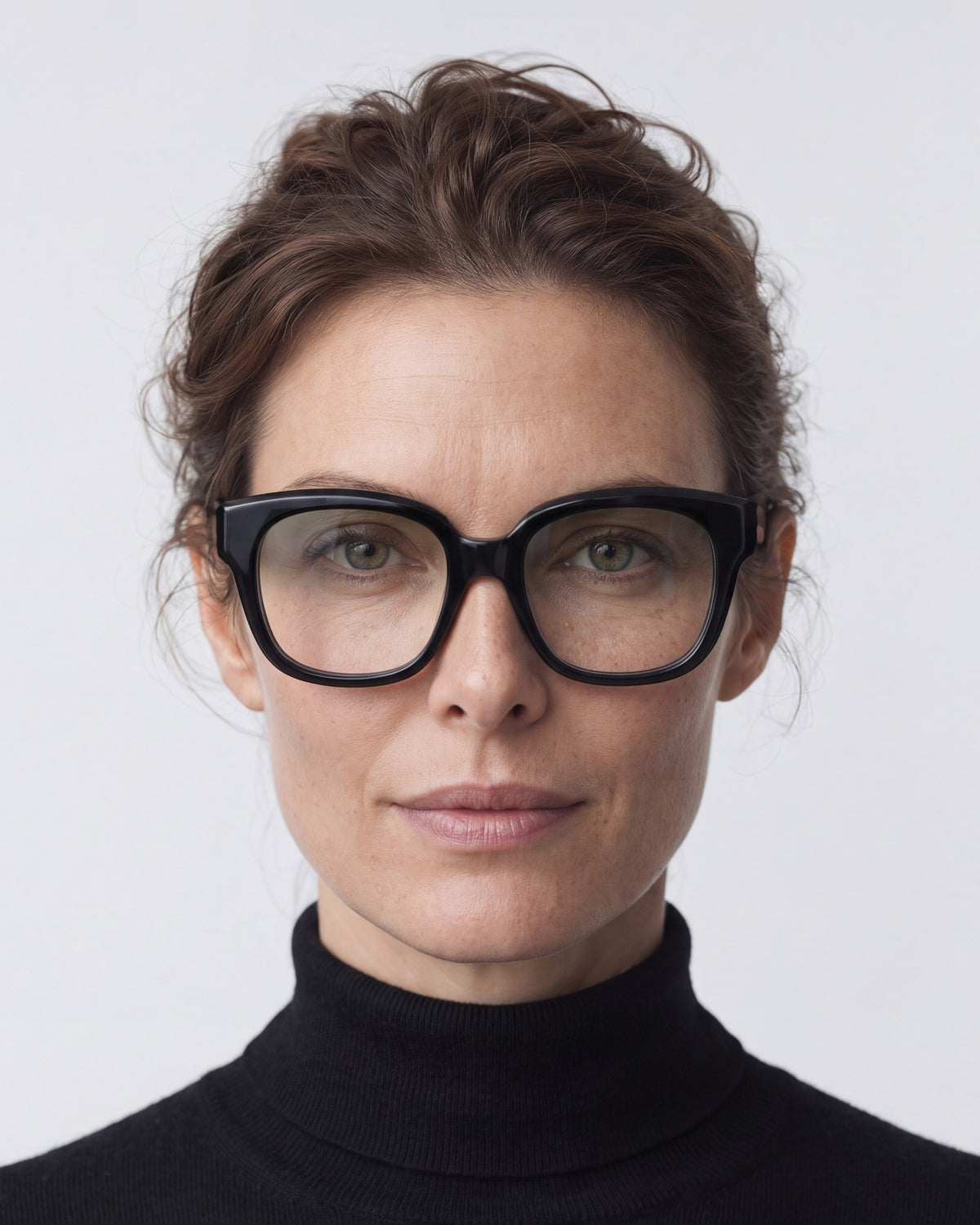 Chloe in black, worn, Sage lenses