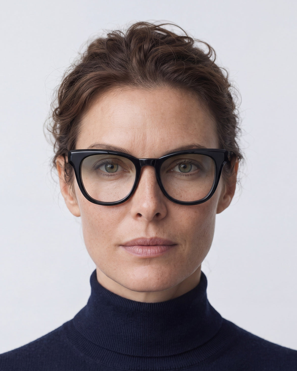 Zoey in black, worn, Sage lenses